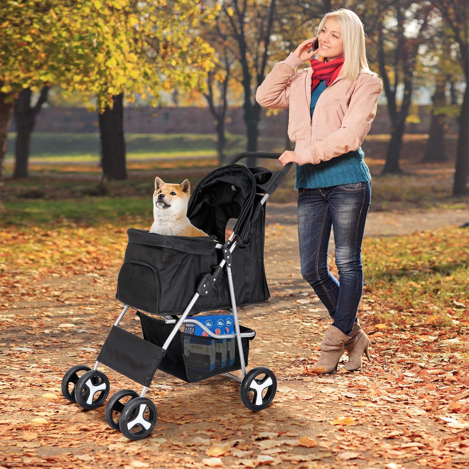 4 Wheels Pet Stroller Dog Cat Stroller for Small Medium Dog Cats Foldable Carrier Jogger Travel Puppy Stroller with Storage Basket and Cup Holder (Black)