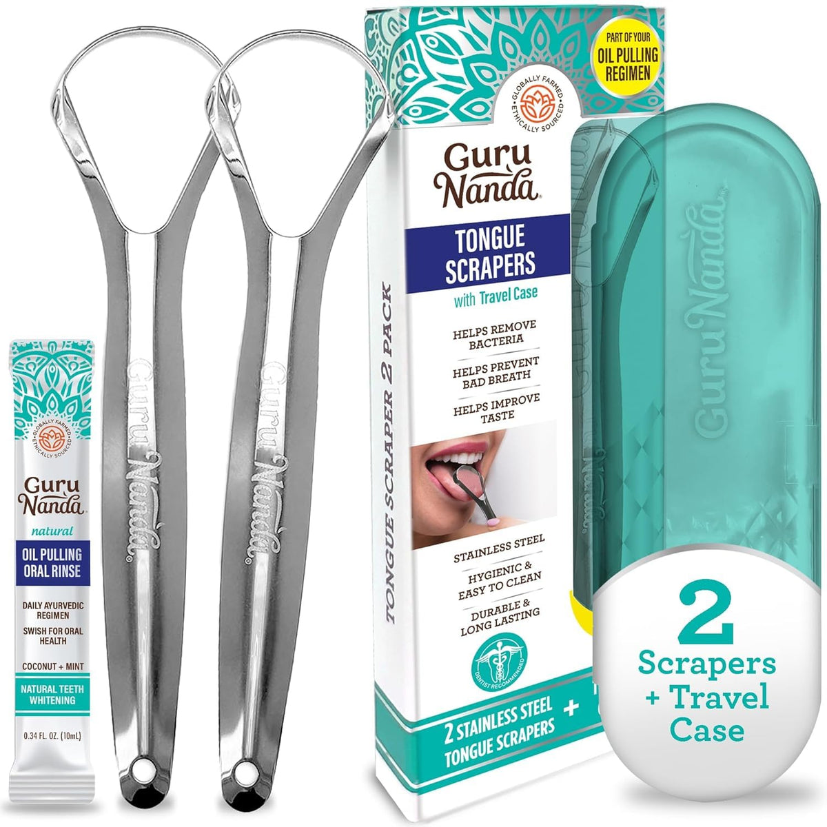 Gurunanda Stainless Steel Tongue Scraper (Pack of 2), Fight Bad Breath, Medical Grade 100% Stainless Steel Tongue Cleaner, Tongue Scraper for Adults and Kids, Great for Oral Care, Travel Friendly