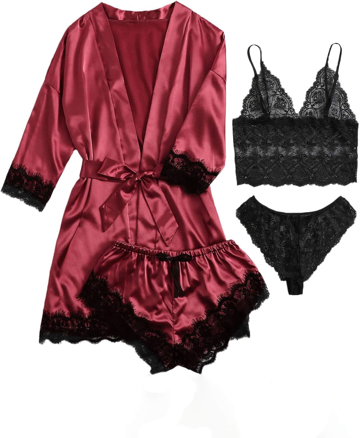 SOLY HUX Women'S Satin Pajama Set 4Pcs Floral Lace Trim Cami Lingerie Sleepwear with Robe