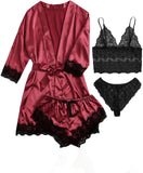 SOLY HUX Women'S Satin Pajama Set 4Pcs Floral Lace Trim Cami Lingerie Sleepwear with Robe