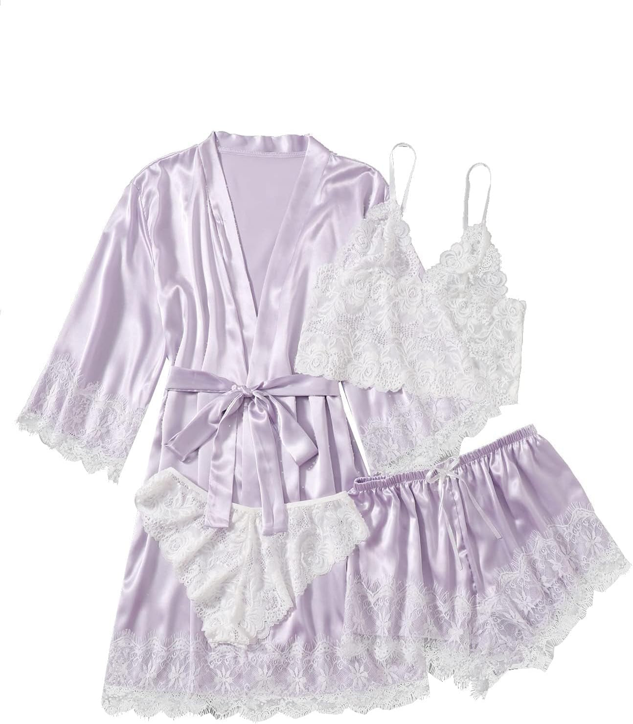 SOLY HUX Women'S Satin Pajama Set 4Pcs Floral Lace Trim Cami Lingerie Sleepwear with Robe