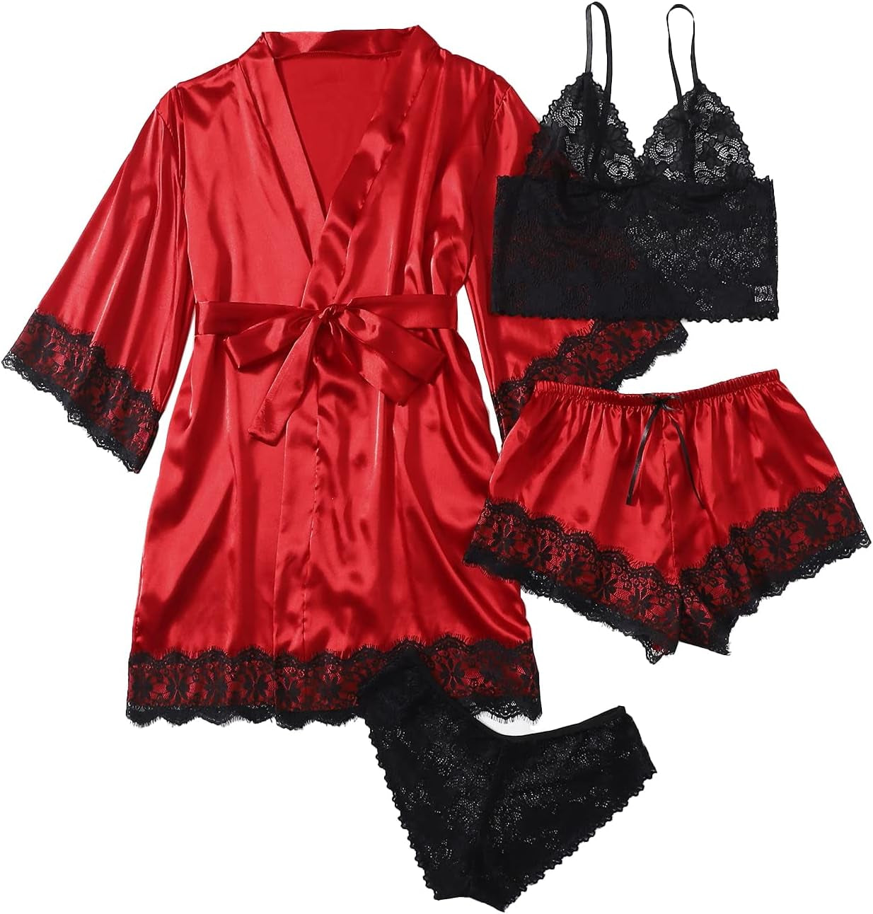 SOLY HUX Women'S Satin Pajama Set 4Pcs Floral Lace Trim Cami Lingerie Sleepwear with Robe