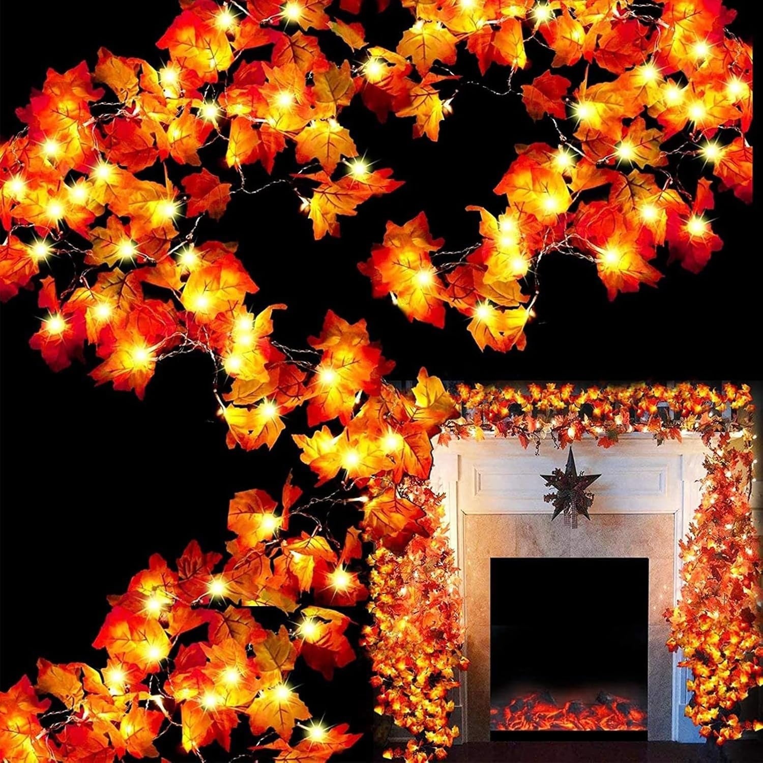 TURNMEON 2 Pack Thanksgiving Decorations Enlarged Maples Leafed Fall Decorations for Home Fall Lights Thick Leafs Garlands, Total 20Ft 40LED Battery Operated Waterproof Halloween Decor Indoor Outdoor