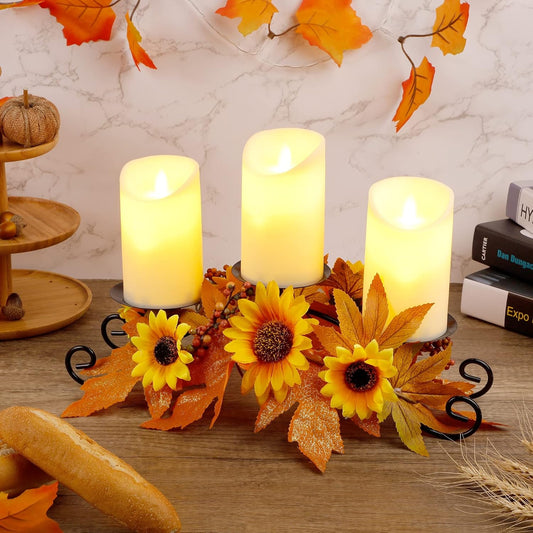 FORUP Harvest Centerpiece, Thanksgiving Candle Holders, Thanksgiving Tabletop Sunflower Centerpiece with 3 Candle Holders, Metal Maple Leaf Candleholder for Home Party Thanksgiving Mantel Decorations