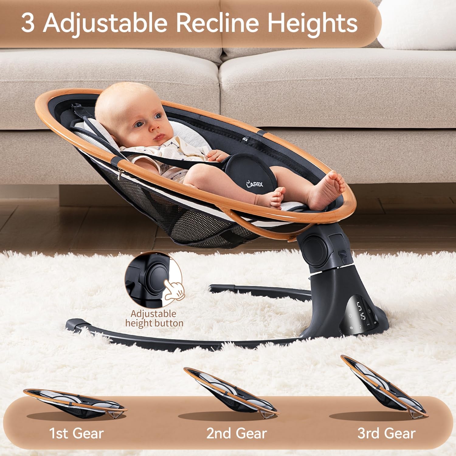 LAREX Baby Swings for Infants to Toddler-Electric Bluetooth Infant Swing with Remote Control, Rocker with 5 Speeds, 5-Point Harness,3 Seat Positions (Gray)