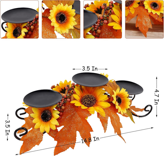 FORUP Harvest Centerpiece, Thanksgiving Candle Holders, Thanksgiving Tabletop Sunflower Centerpiece with 3 Candle Holders, Metal Maple Leaf Candleholder for Home Party Thanksgiving Mantel Decorations