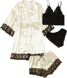 SOLY HUX Women'S Satin Pajama Set 4Pcs Floral Lace Trim Cami Lingerie Sleepwear with Robe