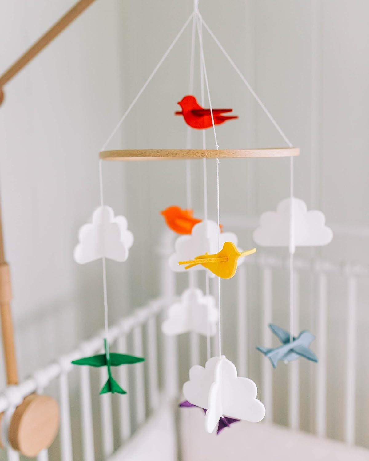 Baby Crib Mobile (Rainbow Birds in the Clouds, W/Garland) - Felt Nursery Ceiling Decoration and Baby Shower for Girls & Boys