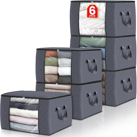 Fab Totes 6-Pack Foldable Fabric Storage Bags for Clothes and Blankets, Grey and Black