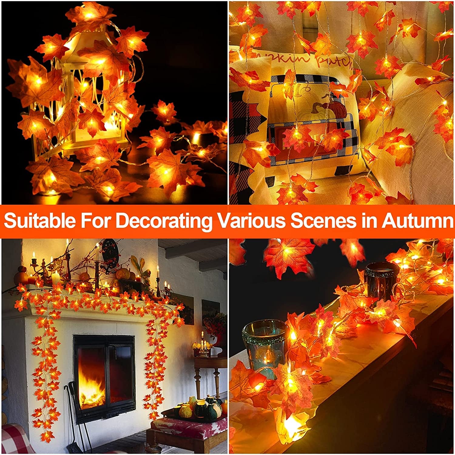 TURNMEON 2 Pack Thanksgiving Decorations Enlarged Maples Leafed Fall Decorations for Home Fall Lights Thick Leafs Garlands, Total 20Ft 40LED Battery Operated Waterproof Halloween Decor Indoor Outdoor