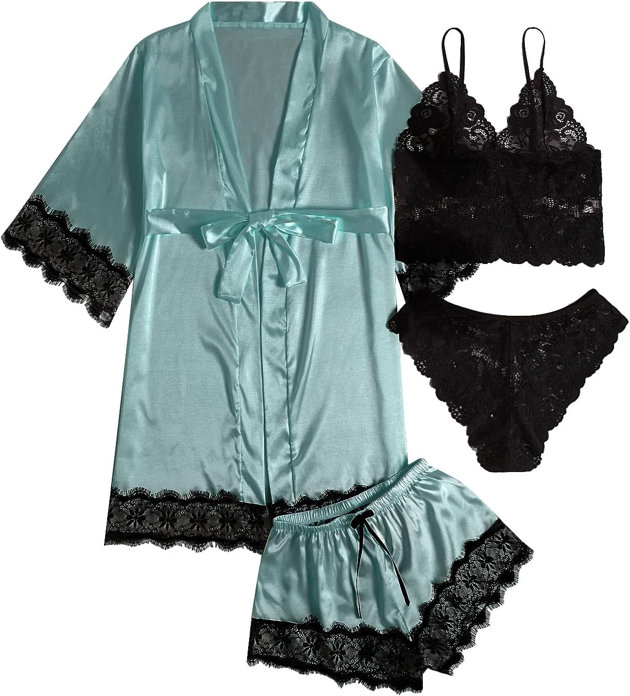 SOLY HUX Women'S Satin Pajama Set 4Pcs Floral Lace Trim Cami Lingerie Sleepwear with Robe