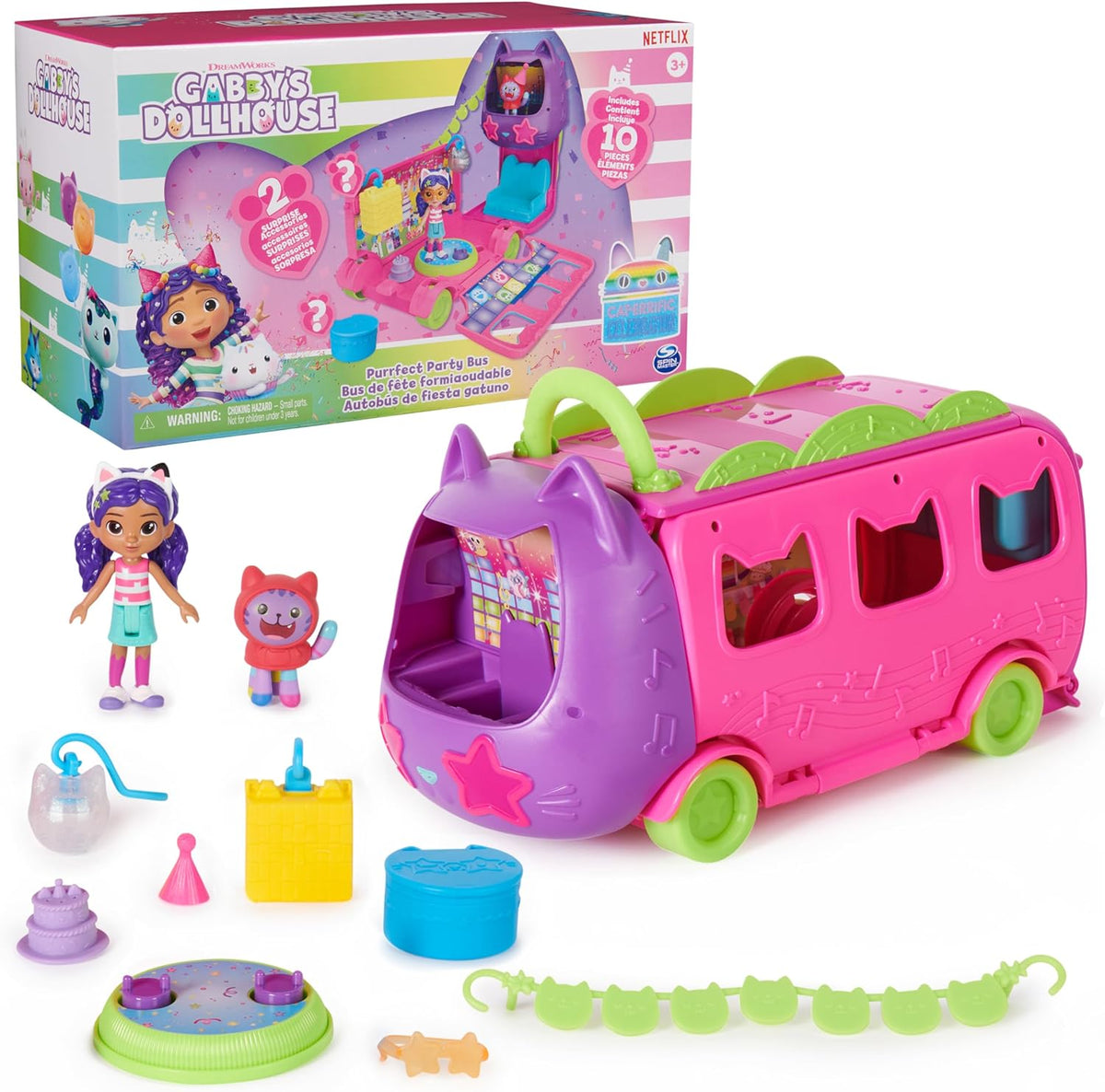 Gabby'S Dollhouse Celebration Party Bus, Transforming Playset with Gabby & DJ Catnip Toy Figures & Dollhouse Accessories, Kids Toys for Ages 3 and Up