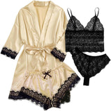 SOLY HUX Women'S Satin Pajama Set 4Pcs Floral Lace Trim Cami Lingerie Sleepwear with Robe