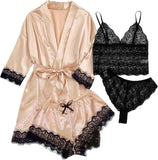 SOLY HUX Women'S Satin Pajama Set 4Pcs Floral Lace Trim Cami Lingerie Sleepwear with Robe