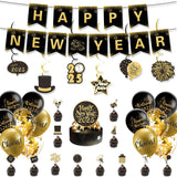 Black 2025 New Year Party Decor Set - Banner, Cake Topper, Balloons, Swirls, and Photo Props