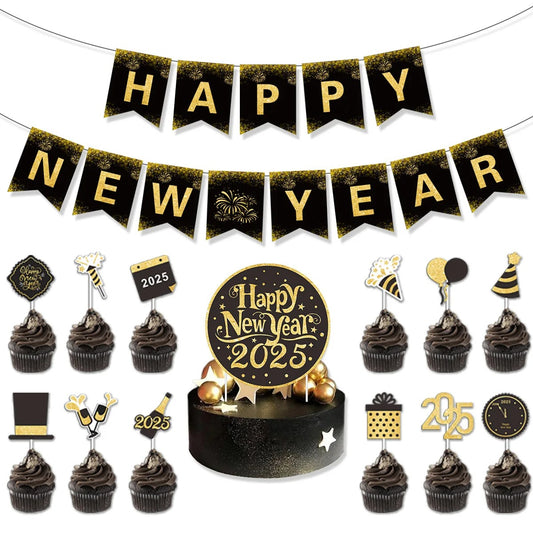 Black 2025 New Year Party Decor Set - Banner, Cake Topper, Balloons, Swirls, and Photo Props