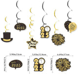 Black 2025 New Year Party Decor Set - Banner, Cake Topper, Balloons, Swirls, and Photo Props